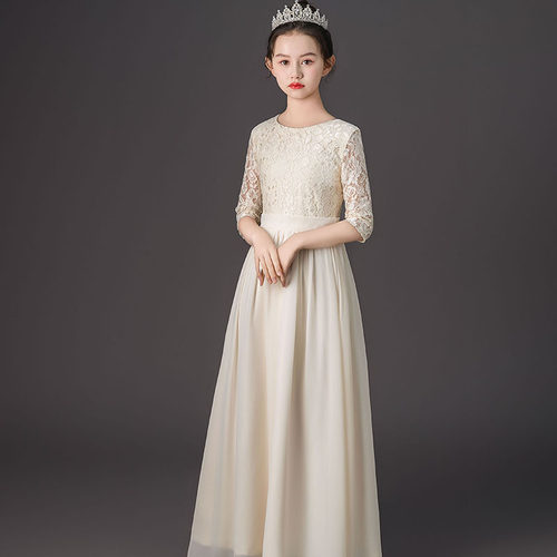 高端齐地女童钢琴长款香槟色舞台礼服古筝大小提琴演奏表演服蕾丝