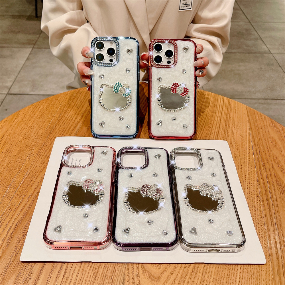 适用 苹果iPhone12 13 14 15 16+ Pro Max 手机壳 镜头钻滴胶镜面KY猫补妆镜卡通壳保护套