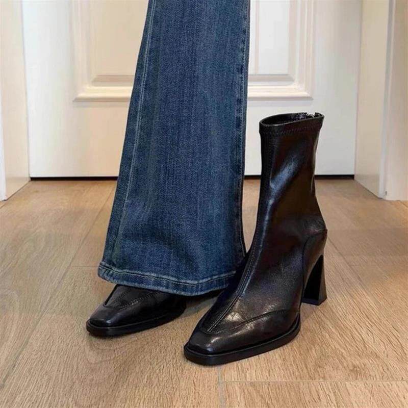 Sunday优h选法式复古拼接弹力瘦瘦靴百搭方头后拉链高跟短靴袜子