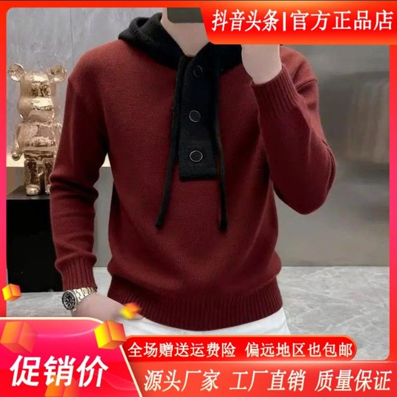 壹号轻奢男装高档欧货连帽套头针织衫毛衣秋冬时尚保暖帽衫打底衫