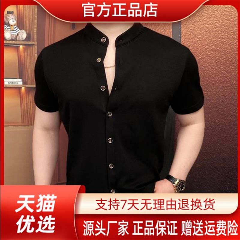【专柜品质】亨利领男士高档夏季半袖衬衫潮流翻领修身商务百搭