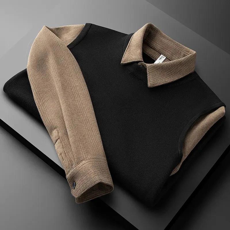 LRIS轻奢男装保暖毛呢拼接假两件P衬衫领毛衣男长袖修身休闲针织