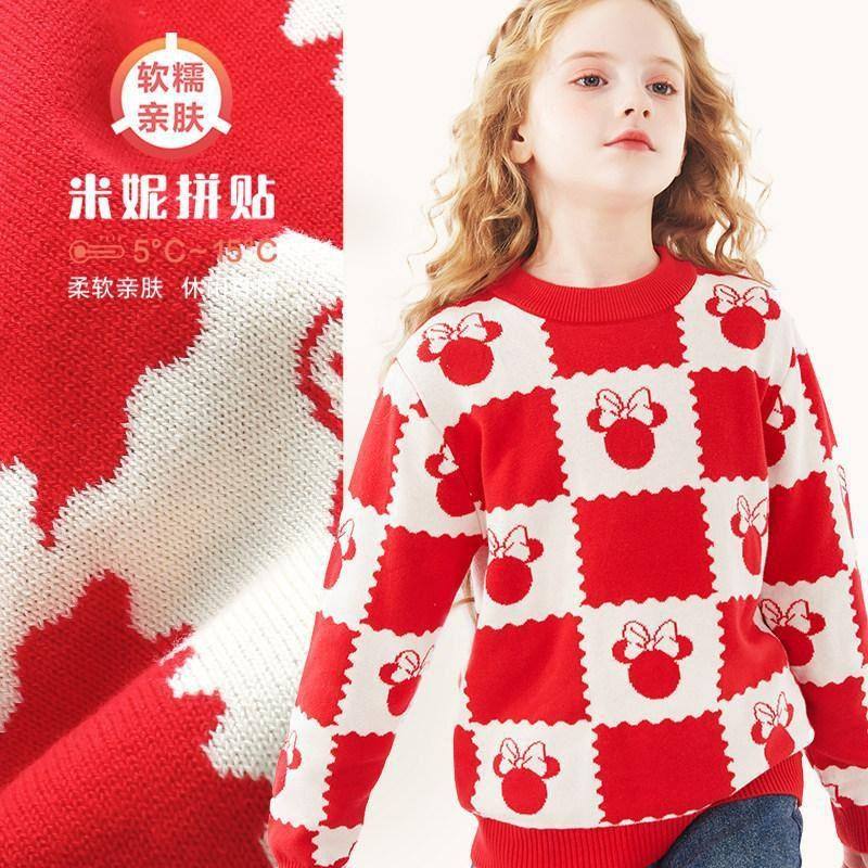 女童纯棉毛衣圆领儿童红色棉线针织衫小女孩线衫女宝宝加绒大中童
