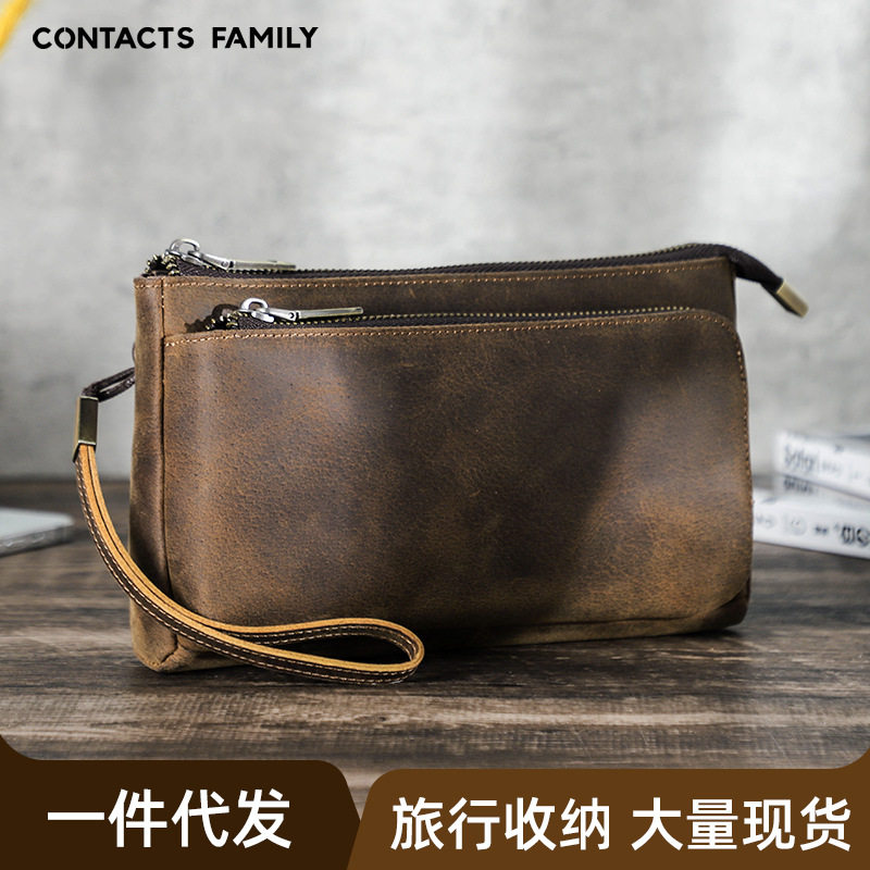 新款疯马皮男士手拿包手工制作大容量手提拉链多功能手机配件收纳包真皮充电器充电宝钱包耳机手提数码包