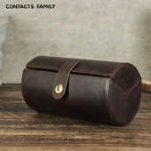 新款 复古疯马皮眼镜盒手工制作创意圆柱形户外旅行三只眼镜收纳盒3副防摔抗压礼品盒旅行