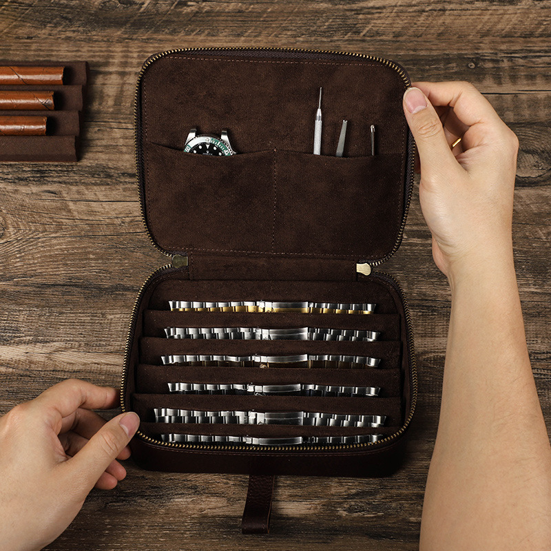 真皮复古疯马油皮apple watch表带收纳盒户外旅行便捷式拉链手表带盒数码小产品真皮收纳包充电线耳机