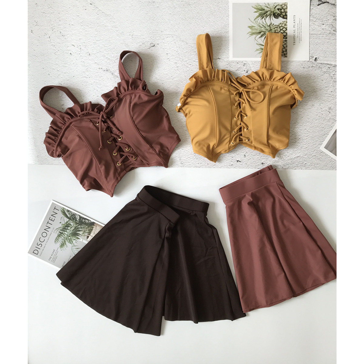 分体可爱女士比基尼三件套小胸聚拢性感小香风温泉裙式温泉游泳衣