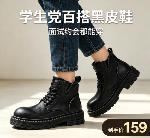 黑色马丁靴男学生厚底增高软底高帮工装靴日常秋冬百搭鞋子