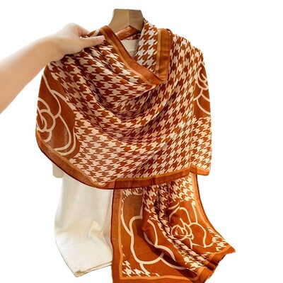 2025春秋新品棉麻长巾腰果千鸟格山茶花时髦元素围巾女时尚披肩潮