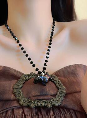 潮酷卡通水晶串珠彩釉黑色立体小狗雪纳瑞长款毛衣项链女小众设计