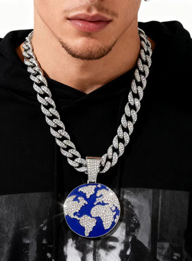欧美跨境新款滴油嘻哈星球地球吊坠古巴项链个性环保合金首饰品
