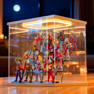 布鲁可奥特曼积木人展示盒透明柜假面骑士阶梯灯光盲盒手办收纳盒
