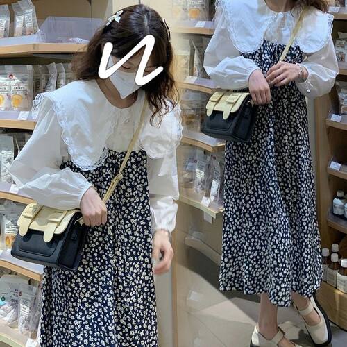 2026春装大码女装蕾丝花边娃娃领衬衫小碎花吊带连衣裙