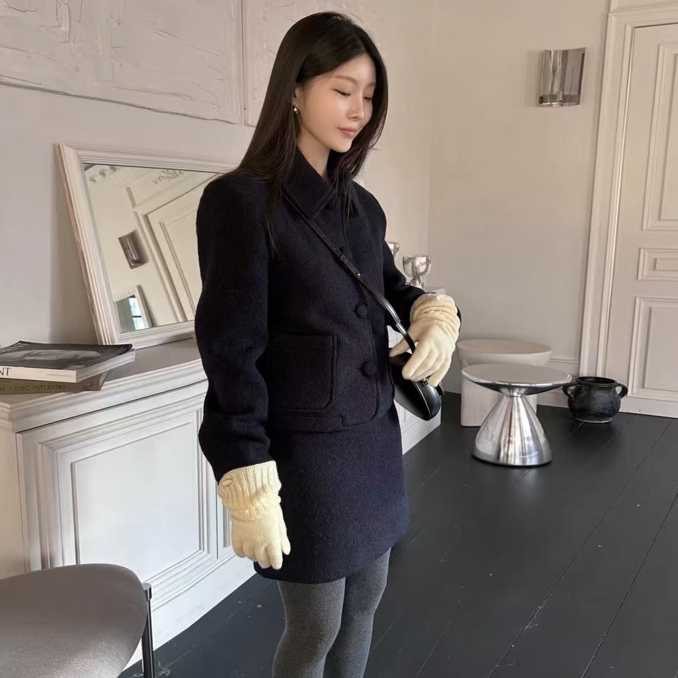 韩系温柔气质小香风翻领毛昵短外套 优雅半身裙 套装