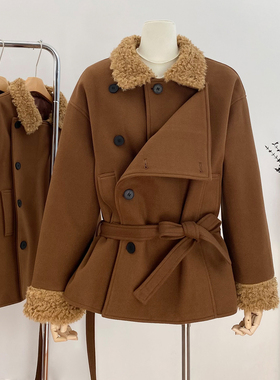 10.7新品 WESTAYONE毛领加厚毛呢大衣外套女士小个子高级+阔腿裤