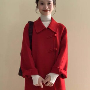 赫本风小个子中长款 爆款 毛呢外套 高级感2023新款 红色大衣女秋冬季