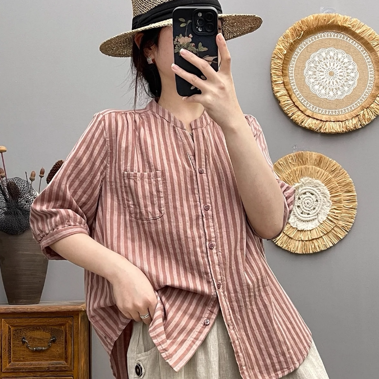 夏装新款大码法式通勤条纹纯棉衬衫文艺百搭五分袖V领显瘦上衣