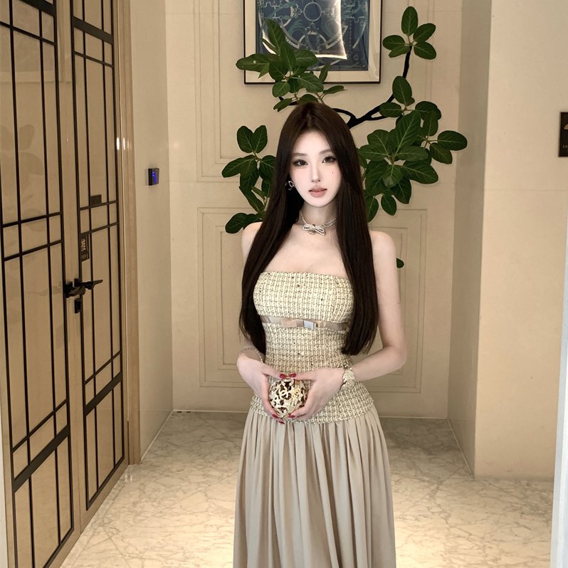 ~    小香风抹胸连衣裙女约会礼服新款拼接缎面长裙法式裙子