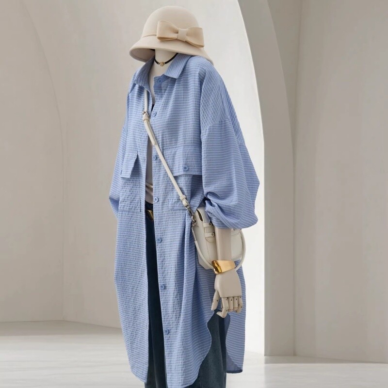 春装新款慵懒风肌理感空调衫中长款翻领长袖外搭条纹衬衫