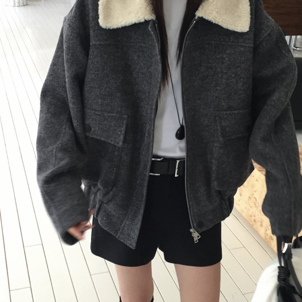 韩国东大门复古高级感毛领短款毛呢外套