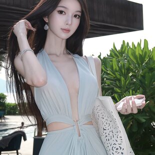 DFAY原创海边度假深v性感挂脖连衣裙露腰气质纯欲露背裙子女春夏