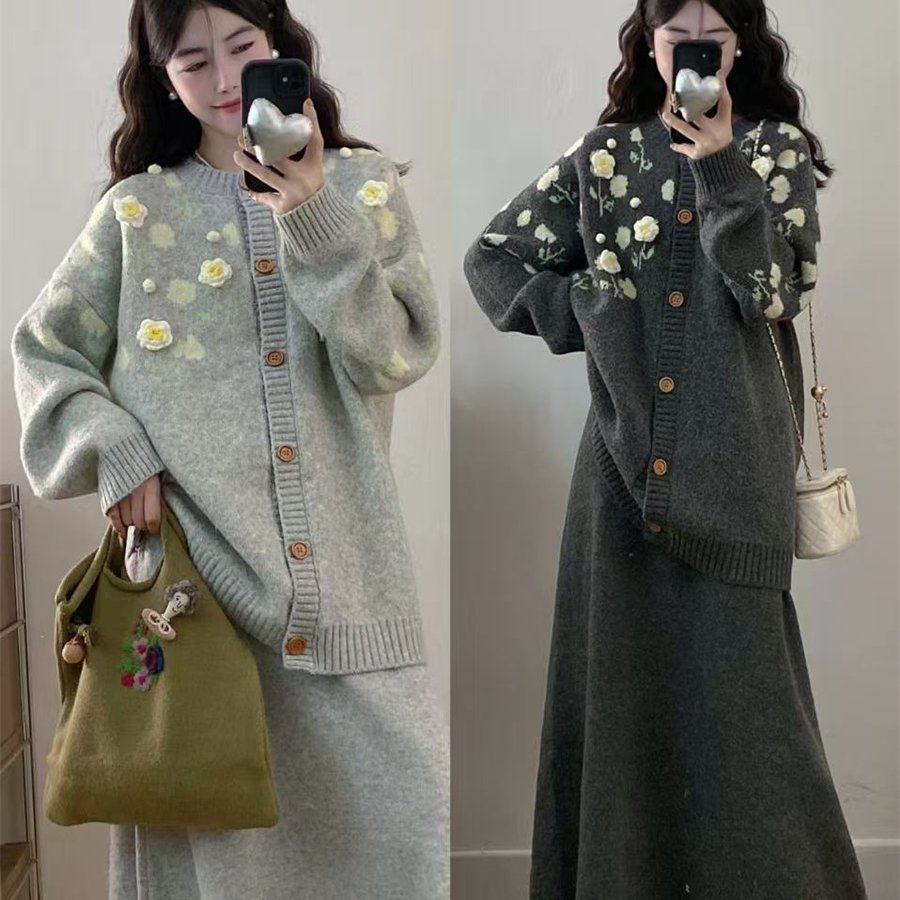 大码立体花朵温柔软糯针织开衫+针织半身裙新款复古毛衣套装,女装/女士精品,大码套装,淘宝优惠券,粉丝福利购,淘宝优惠卷