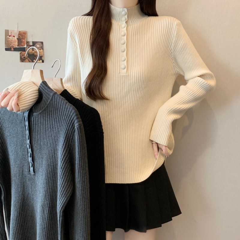 实拍~ 大码胖MM秋冬新款中领一排扣长袖正肩套头上衣毛衣针织衫