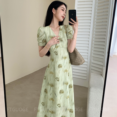 2026夏装大码女装显瘦温柔风V领长裙绿色碎花连衣裙M 4XL200斤