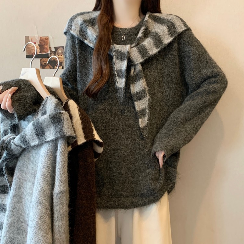 ~ 大码胖MM秋冬新款圆领纯色长袖毛衣条纹帽子披肩两件套毛衣