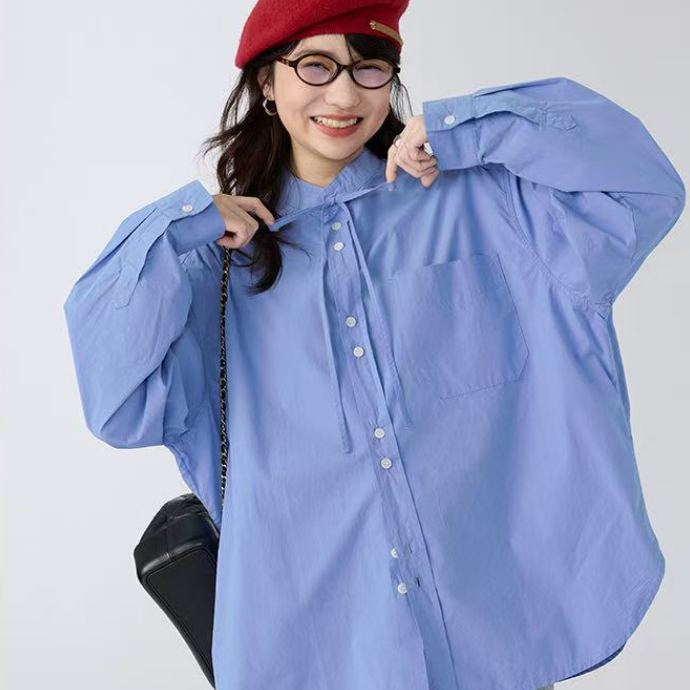 春装新款蓝色立领长袖衬衫女小个子休闲宽松衬衣直筒上衣