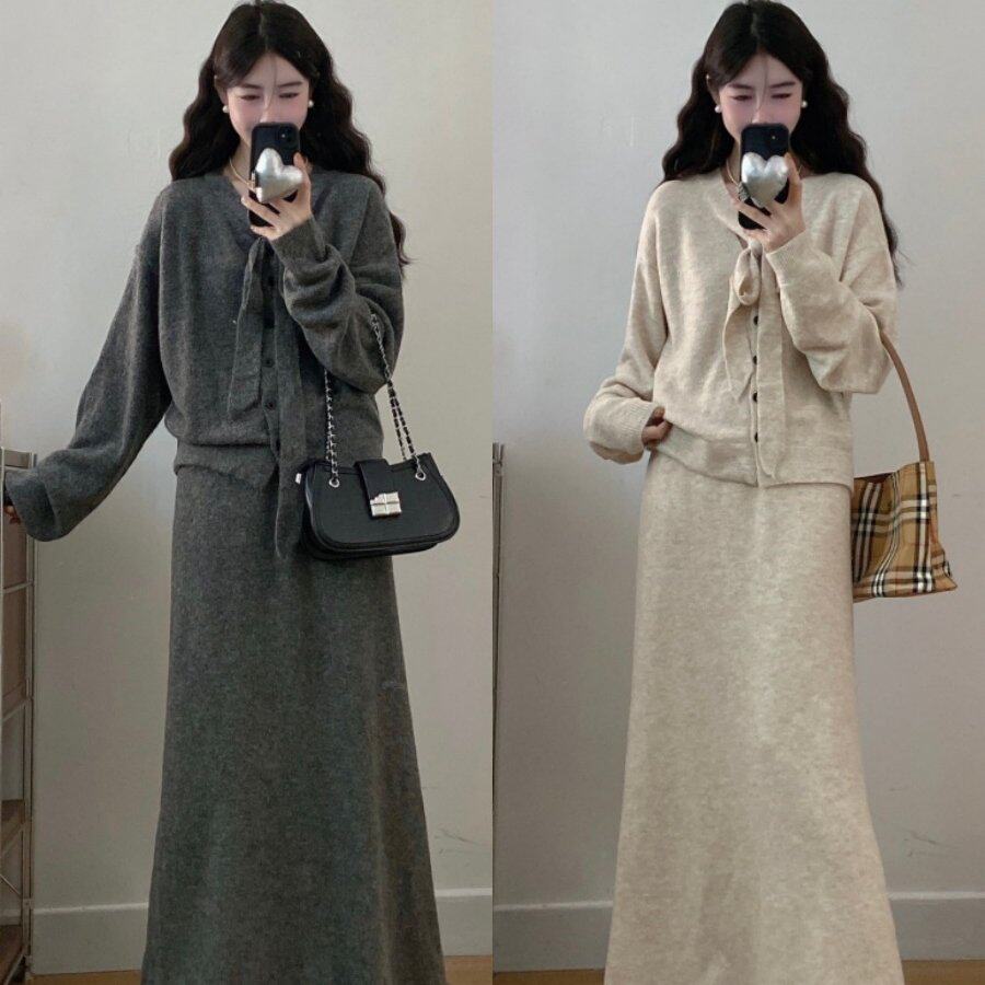 大码韩系简约高级感宽松慵懒风软糯针织毛衣+半身裙两件套