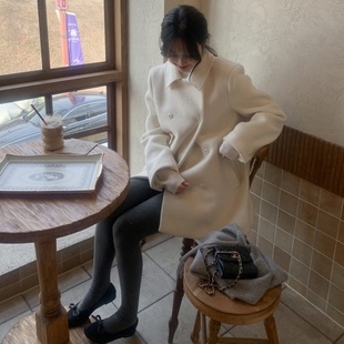 有货 韩国chic超好看气质高级感双排扣白色毛呢外套小个子大衣女