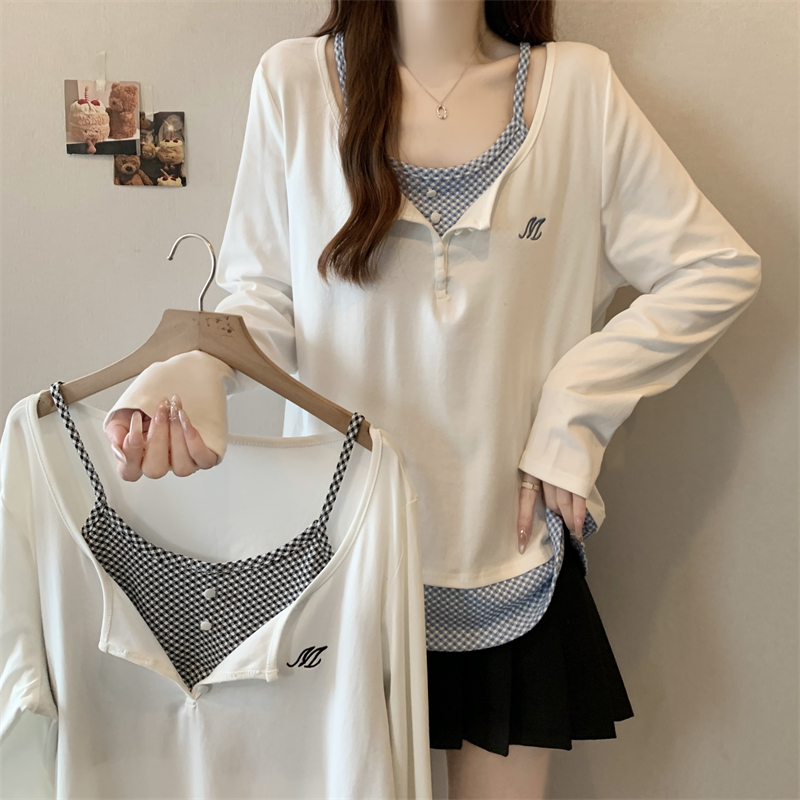 ~大码女装秋冬新款韩系简约格子拼色显瘦百搭长袖印花上衣