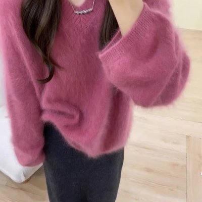 玫红色v领慵懒宽松毛绒毛衣女冬季加厚可外穿内搭超好看冬装上衣