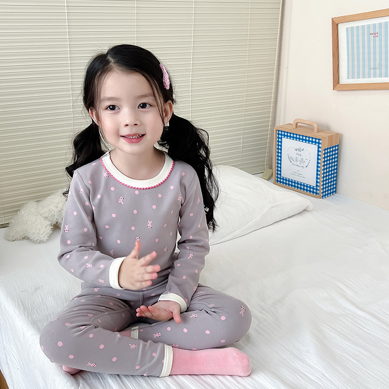 女童小碎花家居服纯棉A类保暖内衣棉毛衫秋衣秋裤睡衣无痕套装冬
