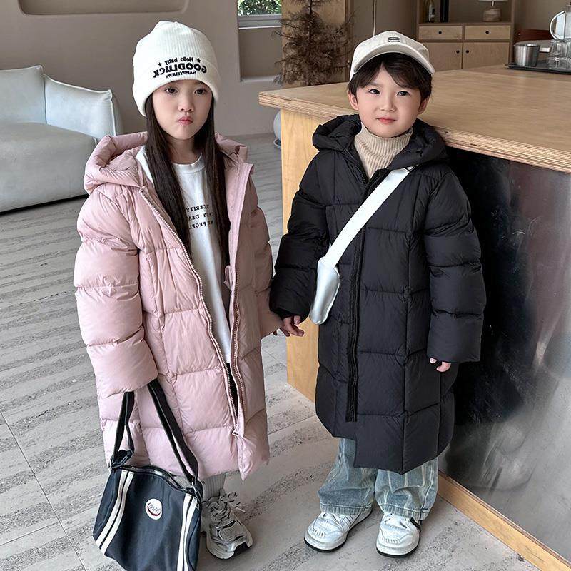 犹家新款白鸭绒儿童羽绒服过膝长款双头拉链加厚男女中大童外套潮