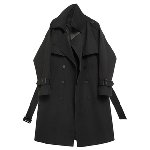 2026春秋新款英伦风翻领双排扣收腰系带黑色风衣气质中长款外套