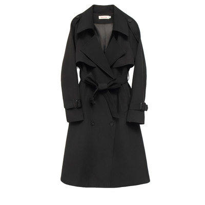 英伦黑色长款双排扣收腰女风衣