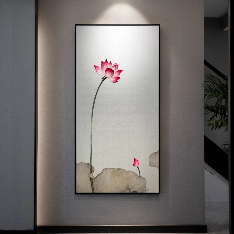 新中式花卉别墅挂画中古风简约艺术感荷花清荷池香过道客厅装饰画图片