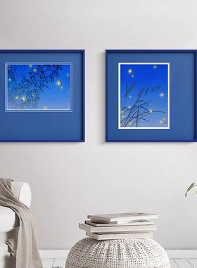 蓝色多巴胺风克莱因蓝挂画夏日夜色萤火虫客厅装饰画小众艺术版画