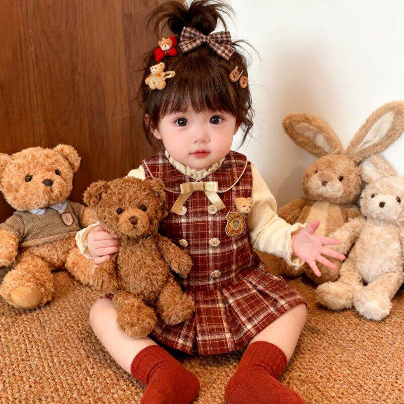 欧洲站女童学院风连衣裙冬装新款宝宝新年红色格子加绒背心裙圣诞