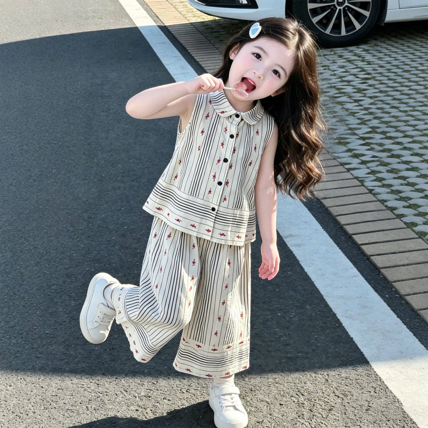 欧洲站女童夏季套装小女孩漂亮衣服韩版无袖衬衫两件套2026超火儿