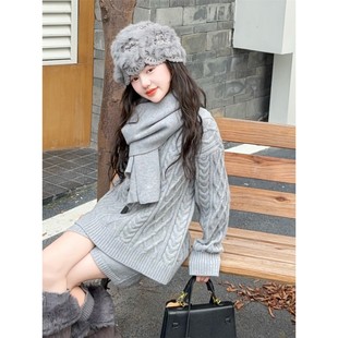 欧洲站女童针织套装秋冬款儿童灰色麻花长袖毛衣保暖围巾短裤休闲