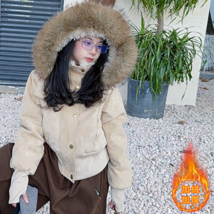 欧洲站女童冬季羊羔绒大毛领连帽外套2025辣妹超洋气连帽短款夹克