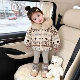 欧洲站女童复古提花毛领外套2025冬季新款儿童羊羔毛加厚保暖毛绒