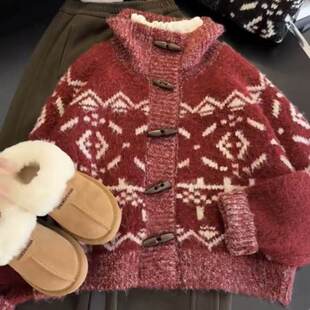 欧洲站女童秋冬牛角扣毛衣外套2025新款时髦儿童复古费尔岛提花针