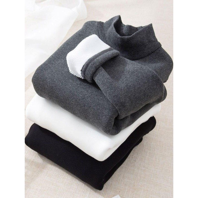 欧洲站儿童加绒打底衫秋冬加厚白色女童男童内衣保暖上衣半高领黑