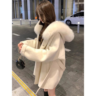 欧洲站白色双面羊绒斗篷大衣女2025新款冬小个子收腰厚风衣短款毛