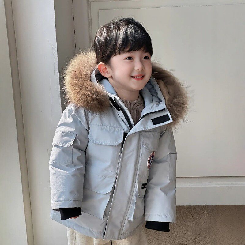 欧洲站男童羽绒服90绒儿童白鸭绒派克服冬装男孩宝宝中小童装真毛