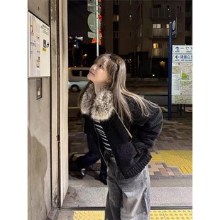 欧洲站大毛领小颗粒绒羊羔毛外套女加厚冬季2025新款毛毛黑色小个